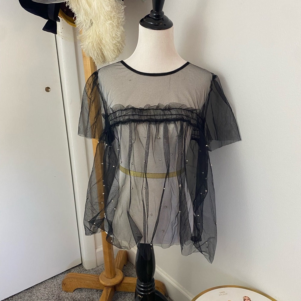 Mesh Black Ruffle Top with Blingy Beading
